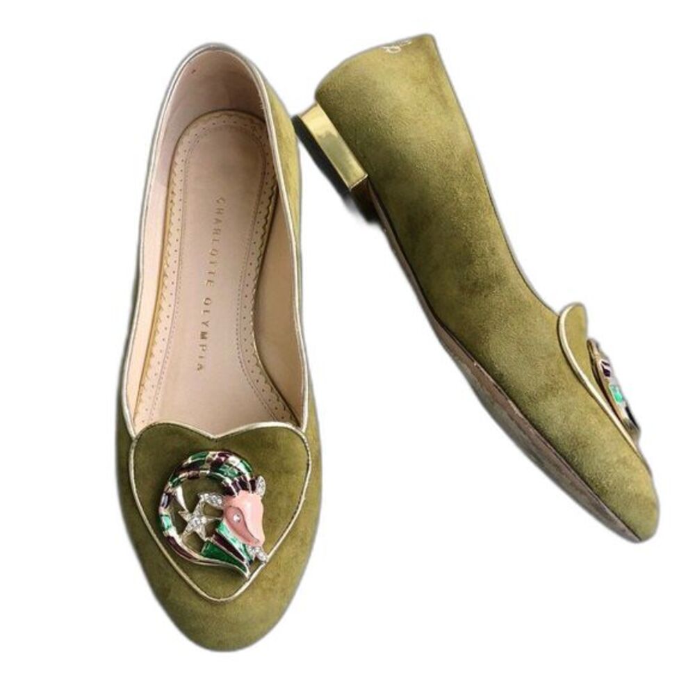 Charlotte Olympia Zodiac Capricorn Smoking Slippers Green Suede Loafers EU 36